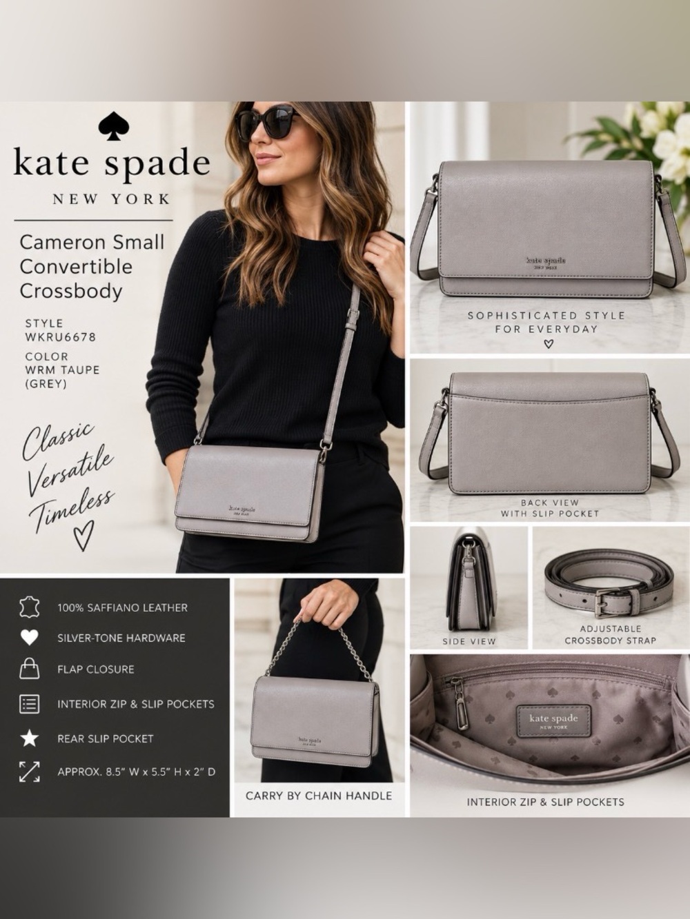 Kate Spade Cameron Small Convertible Taupe Leather Crossbody Chain Bag